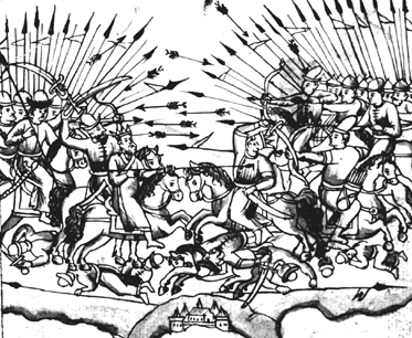 Битва царя Кучума с войском Етигера и Бекбулата.  Взято из "Царь Кучумъ прииде в Казачьи орды..."