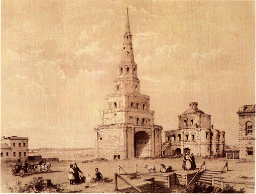 Башня Сююмбеки и руины Соборной Мечети в Казани.